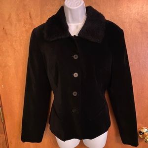 Black velvet blazer jacket with faux fur collar
